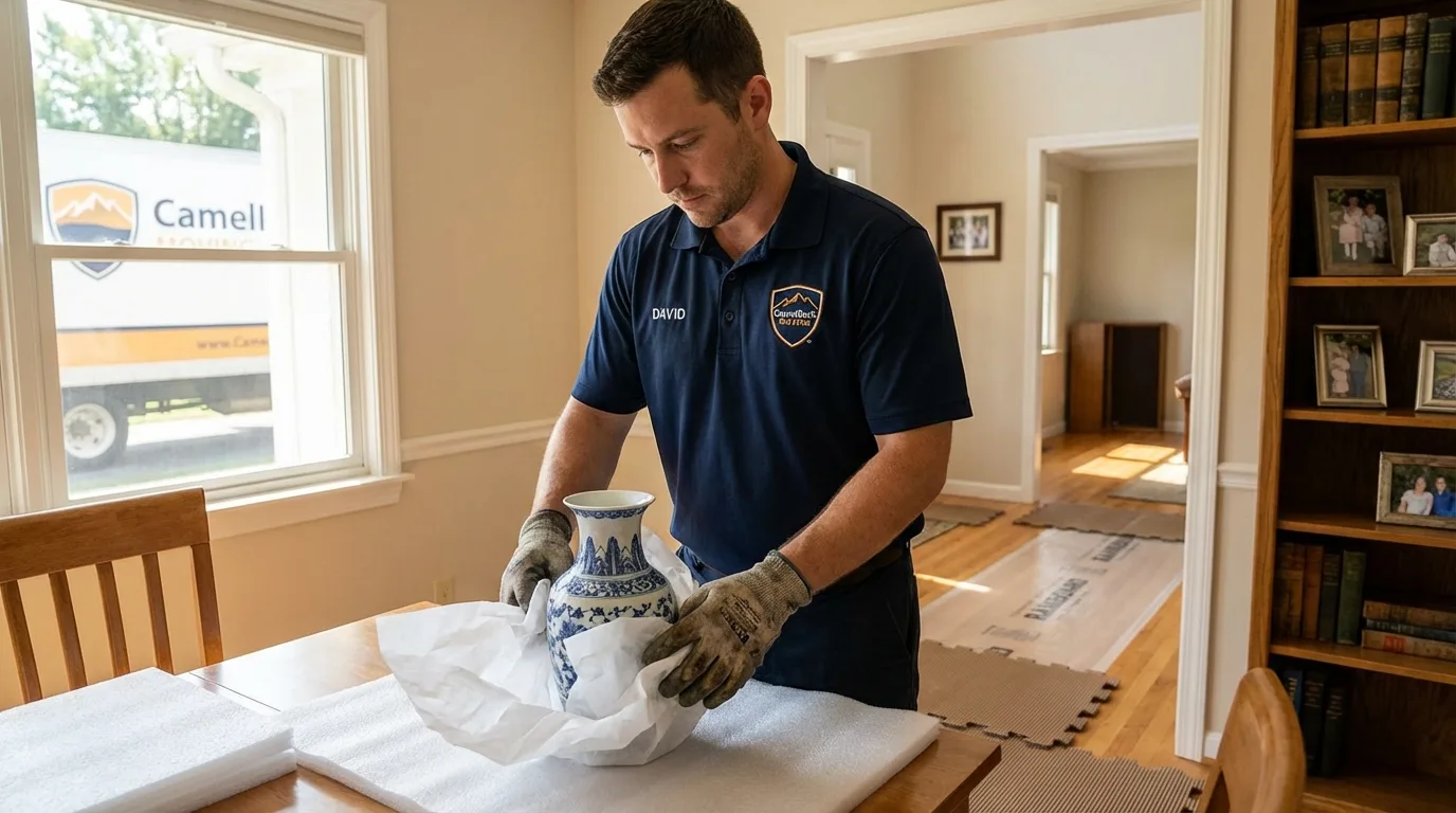 Professional crew carefully wrapping antique vase for senior downsizing move in Pearl City, HI